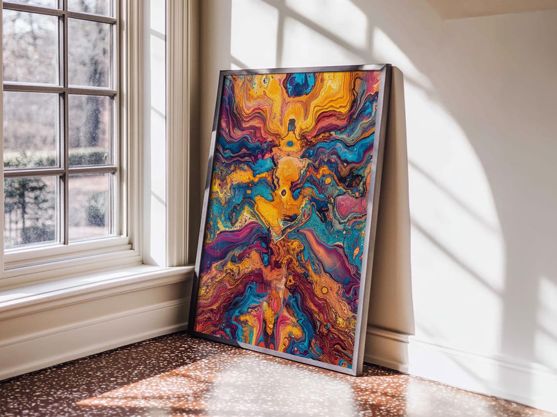 Vibrant Fluid Acrylic Pour Blue Orange Abstract Modern Art Print - Image 2