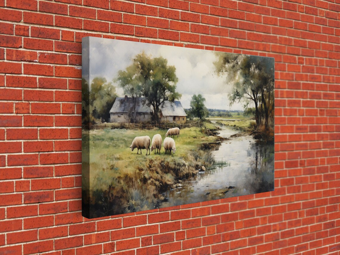 Sheep Grazing By The River Vintage Home Poster - Image 2