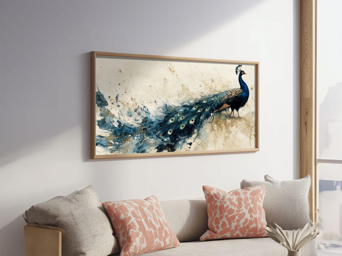 Majestic Peacock Teal Plumage Long Tail Watercolor Wildlife Art Poster - Image 5