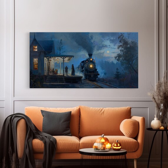 Steam Train Arriving At Moonlit Night Station Spooky Halloween Print