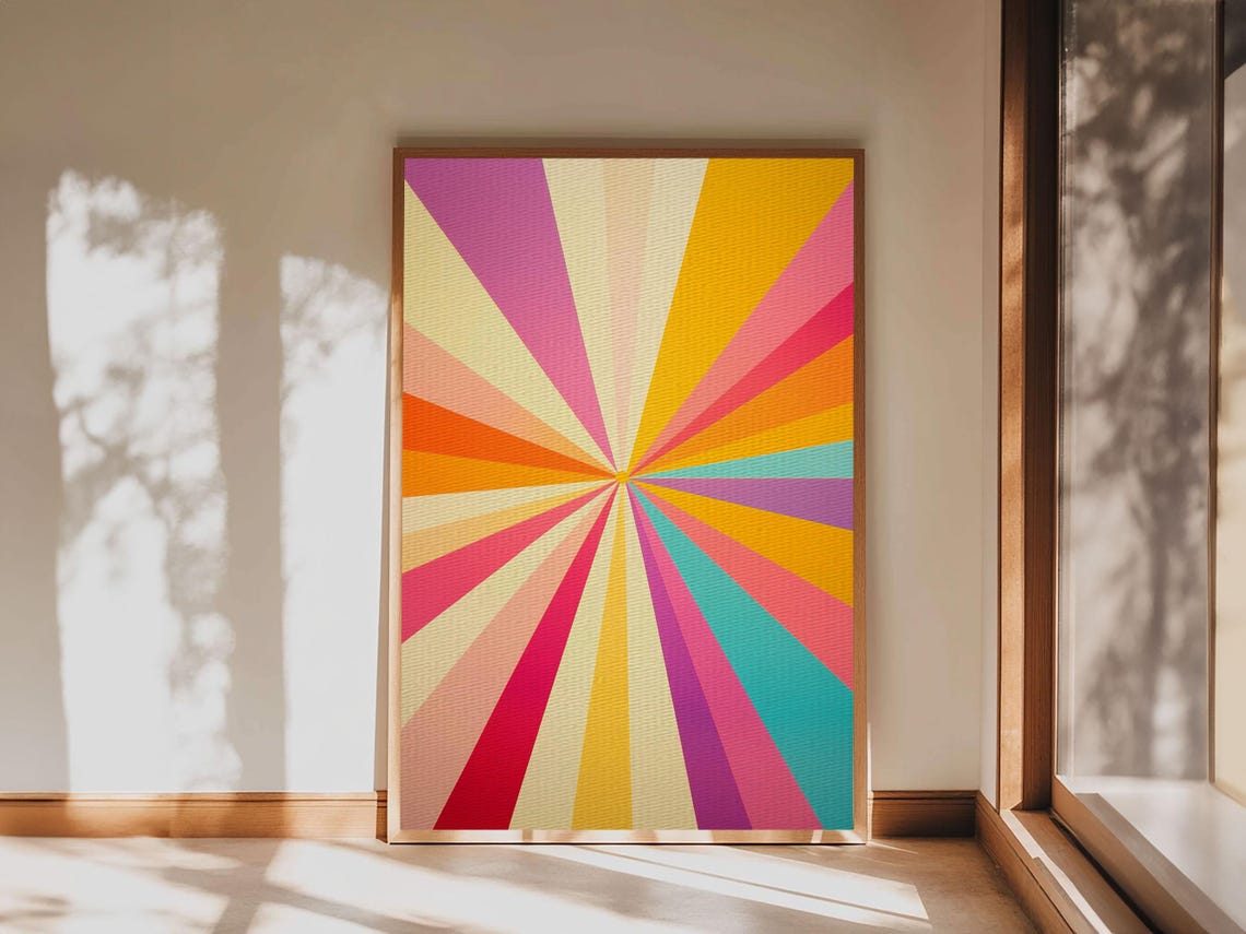 Retro Sunburst Rays Pink Orange Teal Cream Colorful Abstract Poster - Image 3