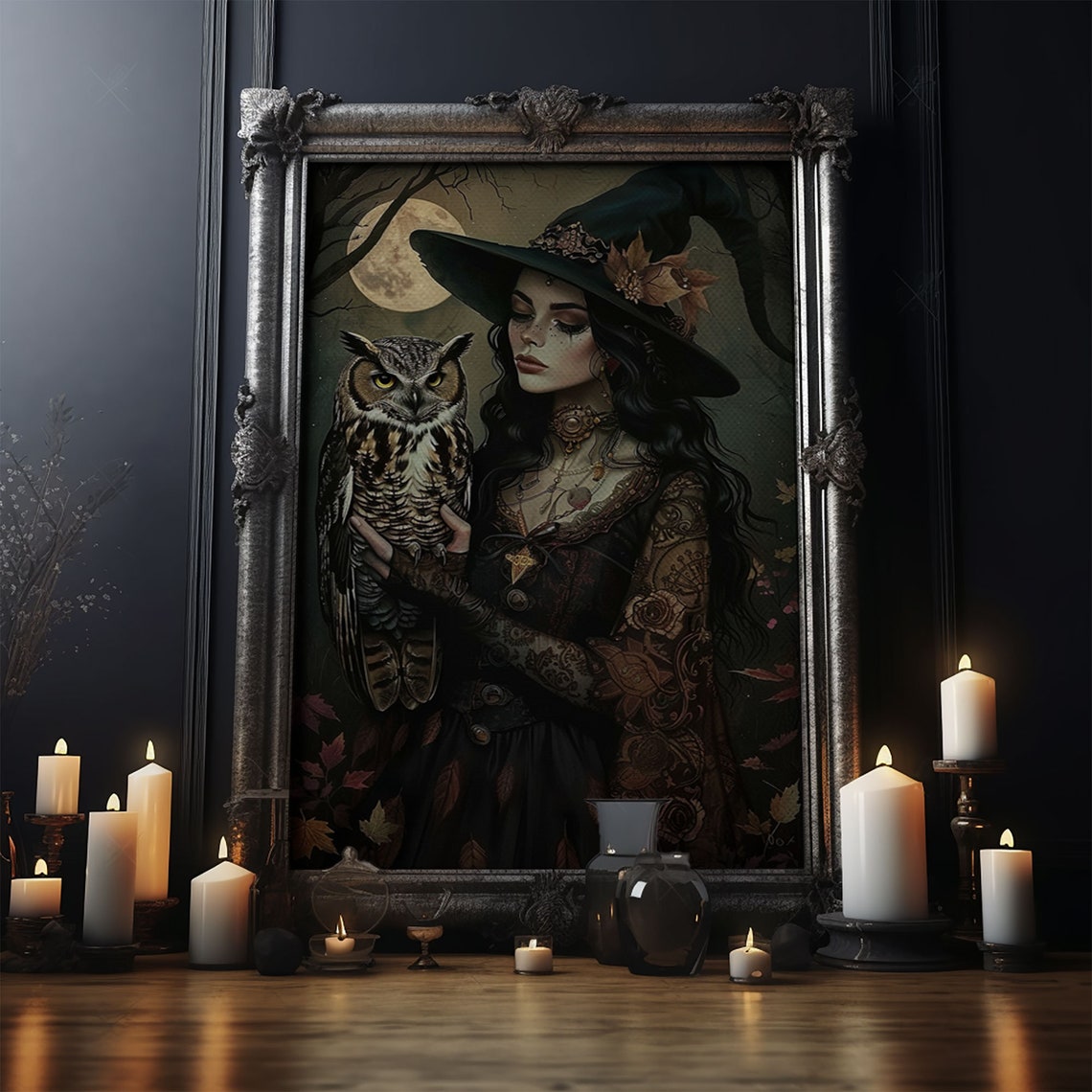 Witch Holding Great Horned Owl Under Full Moon Autumn Night Poster - Image 5
