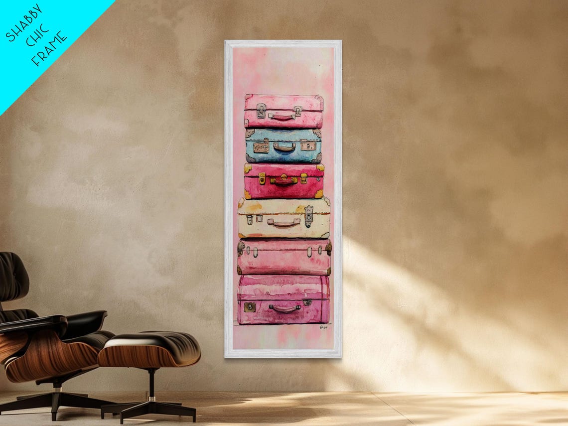 Stacked Suitcase Print Cottagecore Wall Art Whimsical Art Rustic Decor Light Pink Wall Art Vertical Gift Idea Above Sofa Art - Image 4
