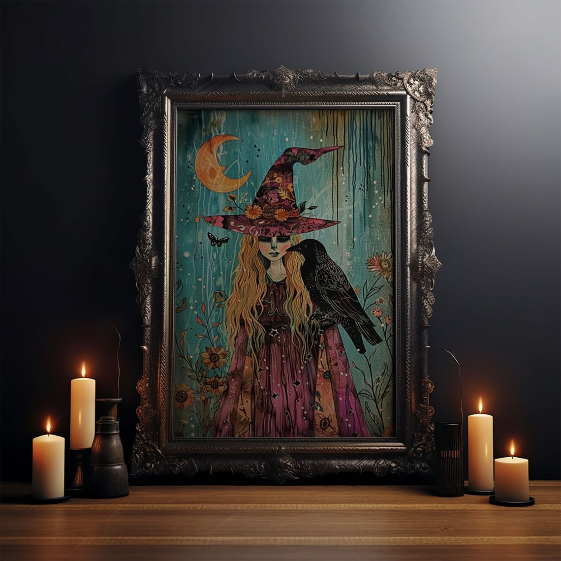 Witch With Crow In Magical Forest Crescent Moon Illustration Poster - Image 4
