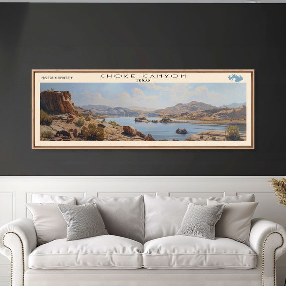Choke Canyon Reservoir Framed Print Panoramic Lake House Decor Wide Wall Art Travel Poster Modern Lake Painting Nature Art