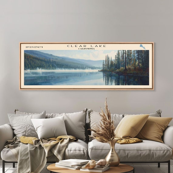 Clear Lake Framed Print Lake House Art Panoramic Wide Art Travel Poster Rustic Lake Painting Home Decor