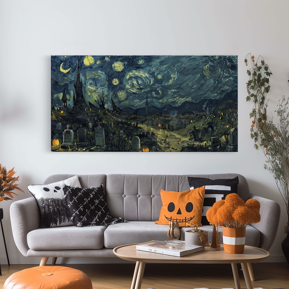 Starry Night Haunted Cemetery With Church Spooky Halloween Art Print