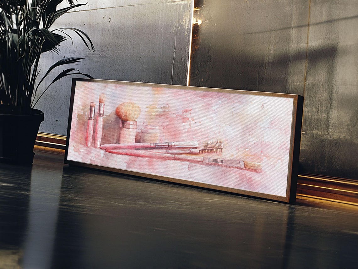 Pink Watercolor Makeup Brushes Vanity Set Horizontal Wall Art Poster - Image 6