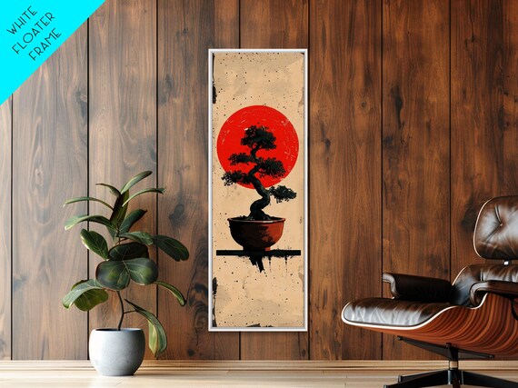 Print Bonsai Tree Silhouette Against Red Sun Minimalistic Japanese Style Art For Modern Home Wall Decoration