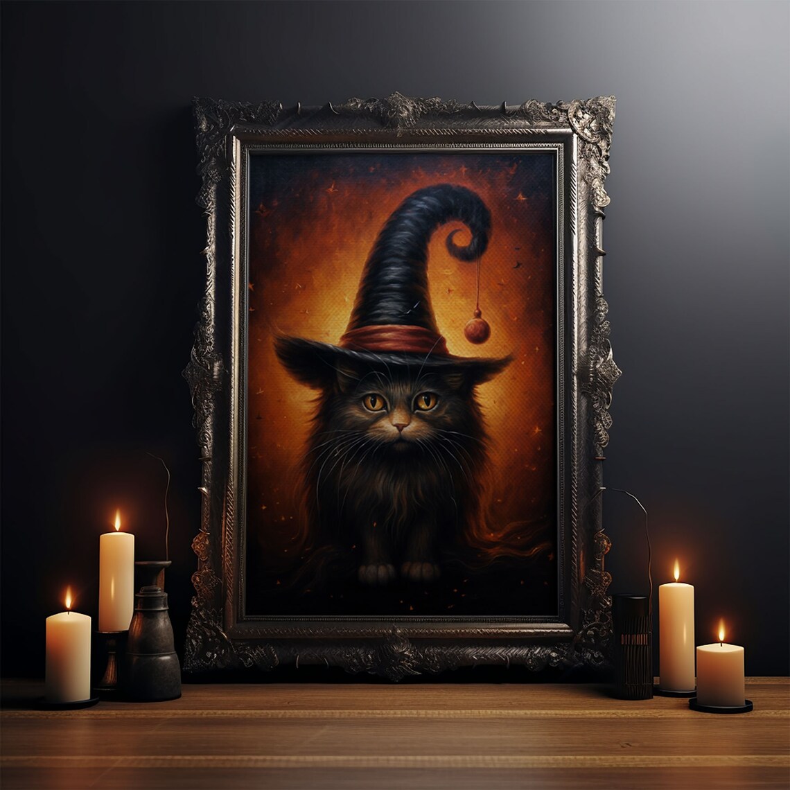 Black Cat Familiar In Tall Witch Hat Fiery Orange Halloween Print - Image 3