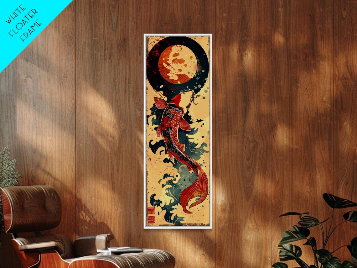 Vibrant Red Koi Fish Swimming Toward Moon Japanese Art Print - Image 5