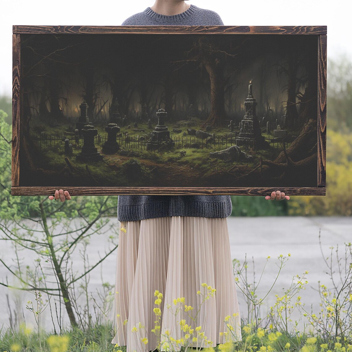 Haunted Cemetery Midnight Moody Graveyard Oil Painting Halloween Poster - Image 2