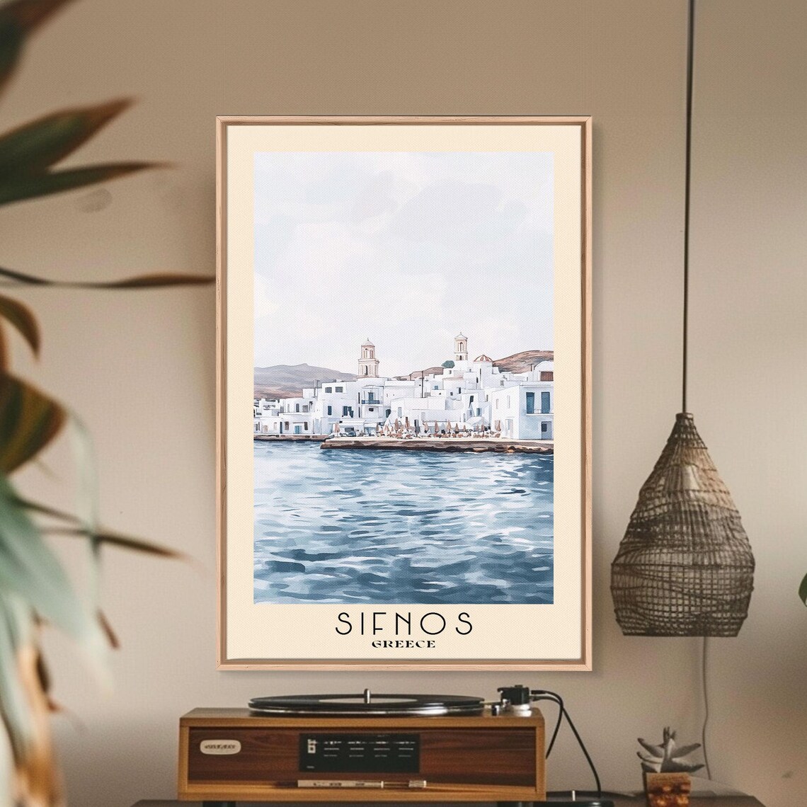 Sifnos Greece Whitewashed Port Town Twin Bell Towers Aegean View Poster - Image 3
