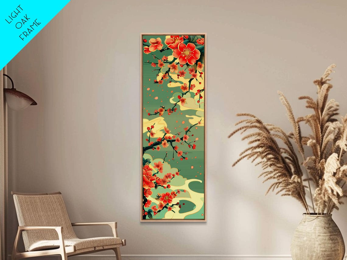Red Plum Blossoms Turquoise Sky Japanese Ukiyo-E Vertical Print - Image 2