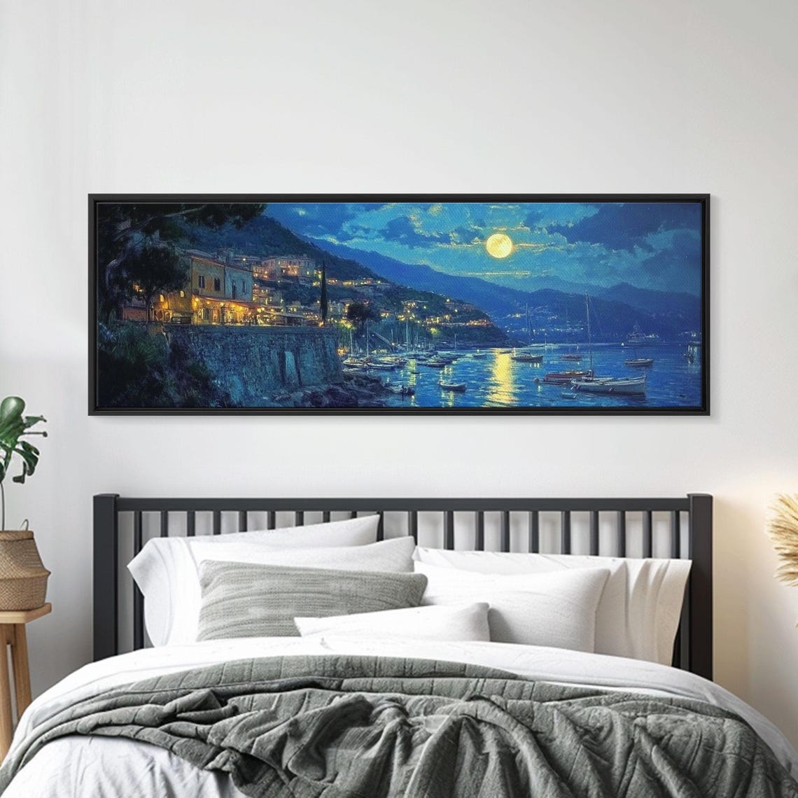Greek Fishing Village Under Full Moon Midnight Harbor Seascape Poster - Image 3