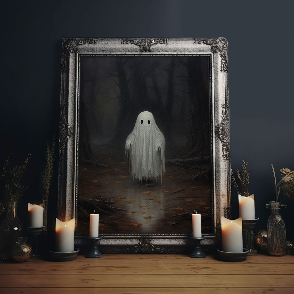 Cute Little Ghost Glowing In Dark Forest Funny Halloween Art Poster - Image 5