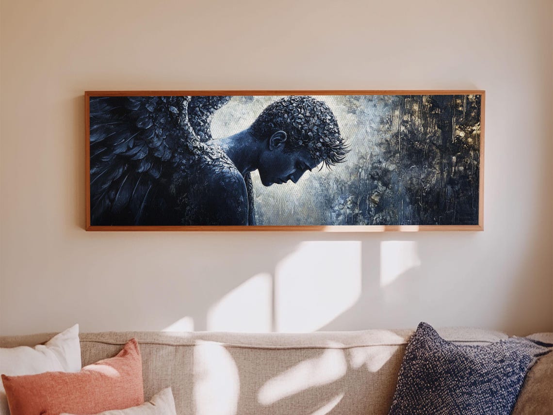 Serene Dark Angel Bowed Head Panoramic Moody Winged Figure Art Poster - Image 4