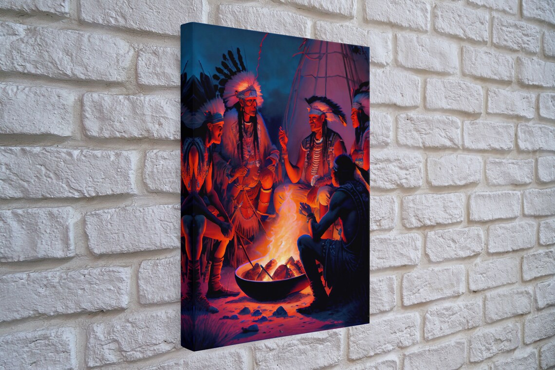 Native Americans at Campfire, Wild West Watercolor Art Print - Image 3