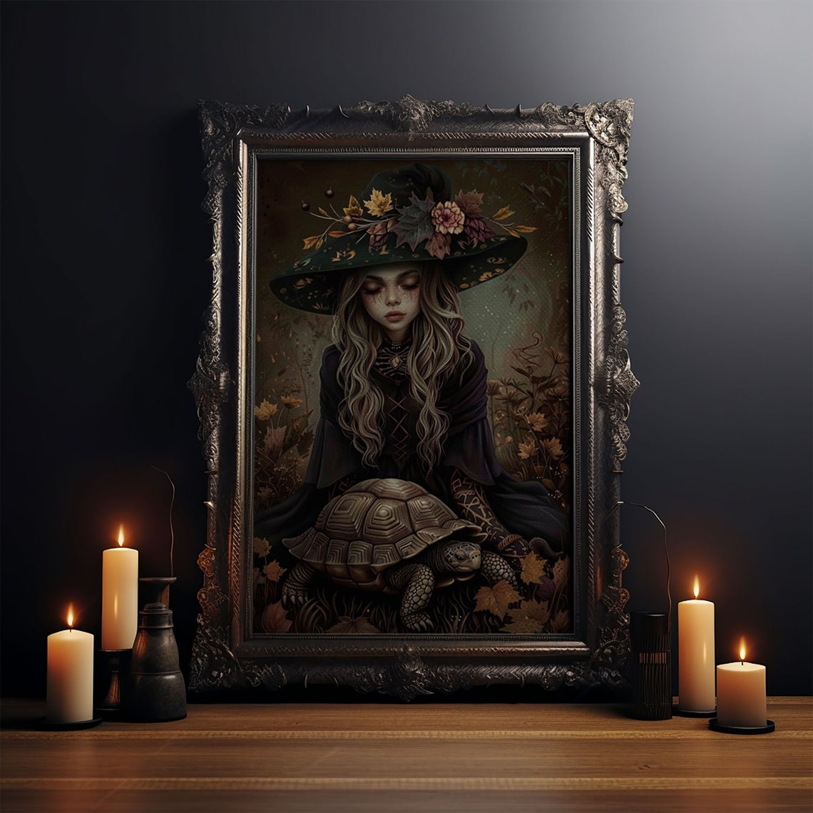Enchanting Witch With Tortoise In Autumn Forest Fantasy Art Poster - Image 4