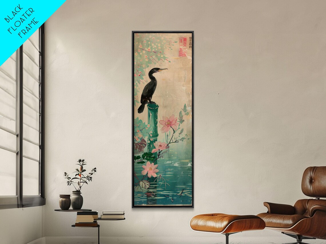 Japanese Ukiyo E Cormorant Bird Bamboo Pond Lotus Flowers Poster