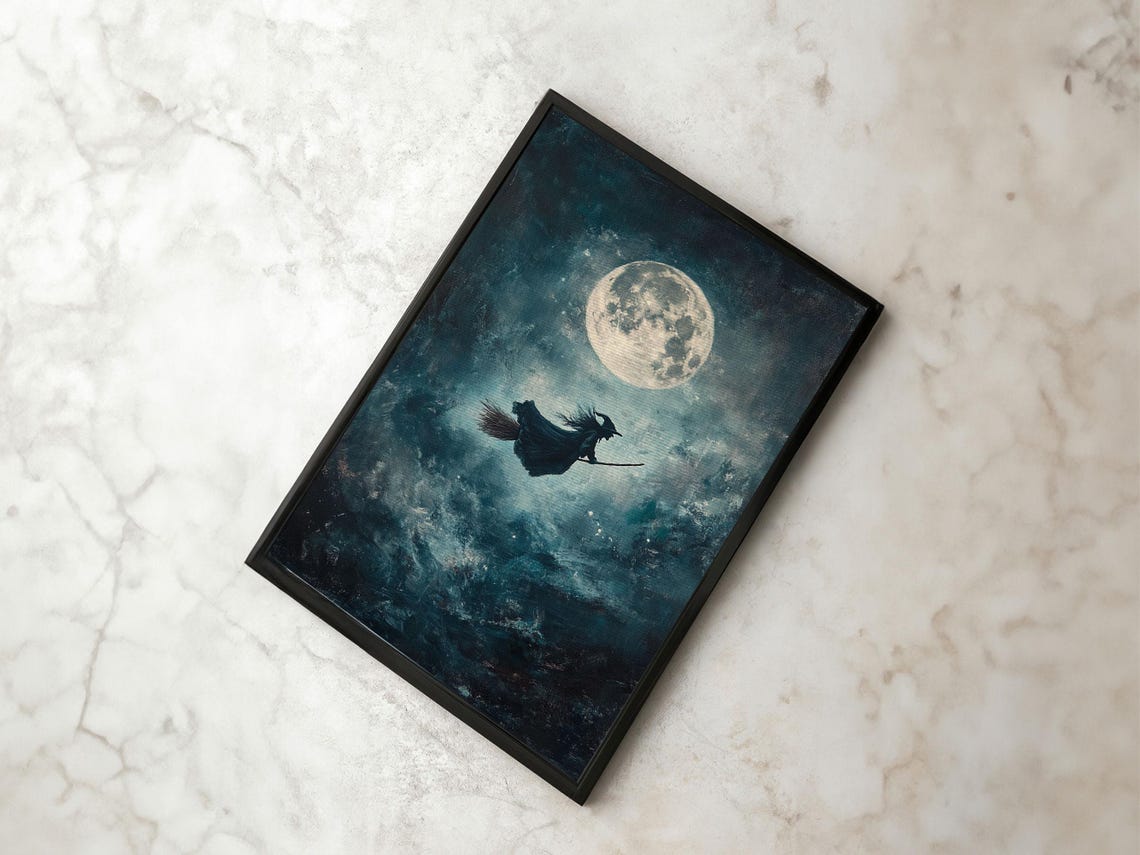Witch Flying On Broom Under Full Moon Teal Night Sky Wall Art Print - Image 3