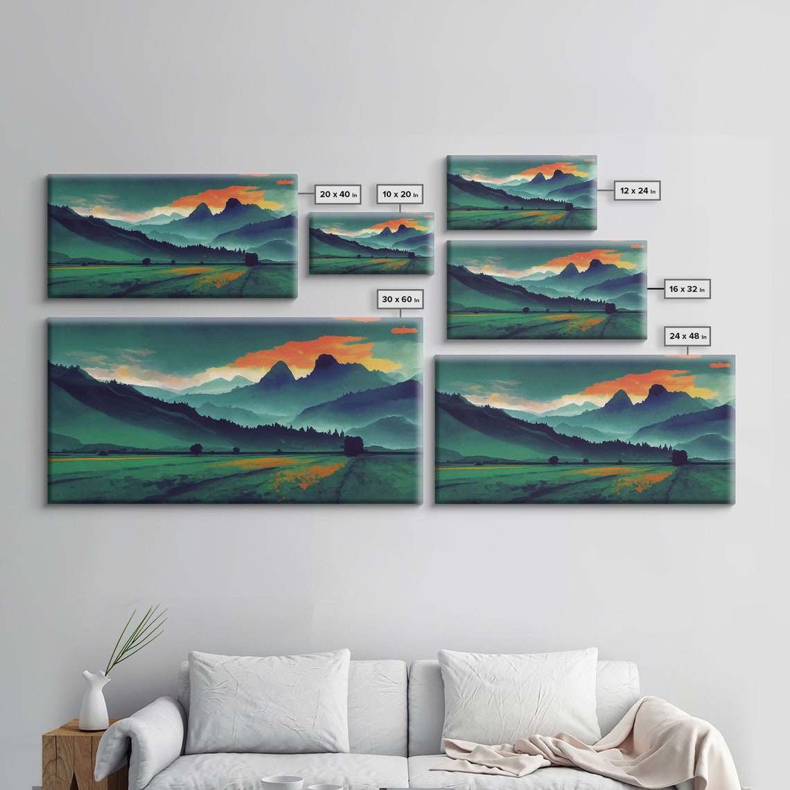 Emerald Valley Mountains Under Fiery Orange Sunset Sky Painterly Print - Image 2