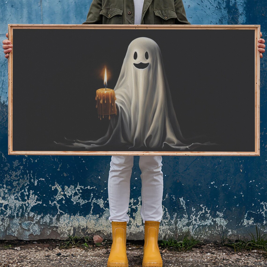Smiling Ghost Holding Candle Cute Halloween Oil Painting Dark Poster - Image 5
