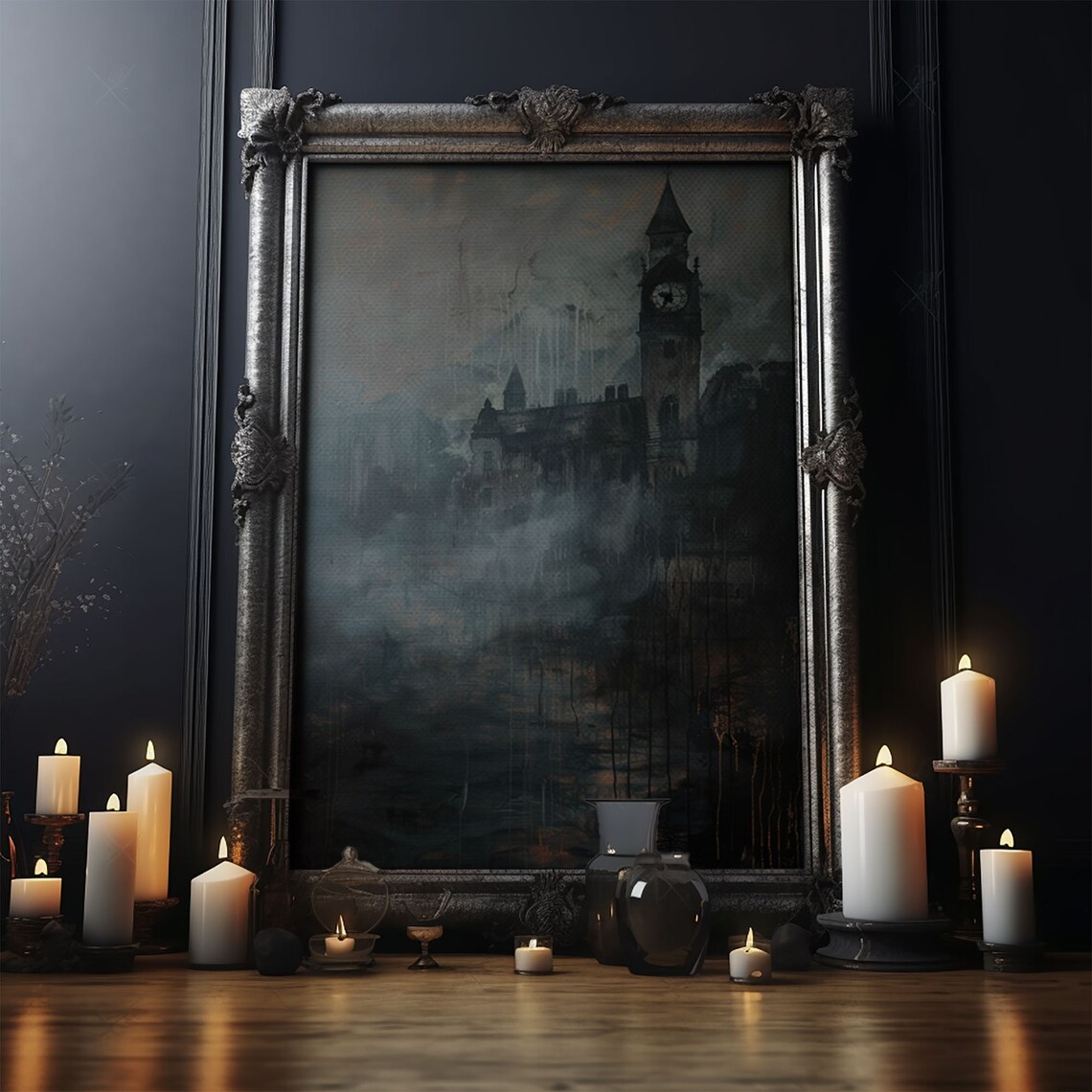 Haunted Gothic Clock Tower Foggy Night Dark Moody Art Poster - Image 5