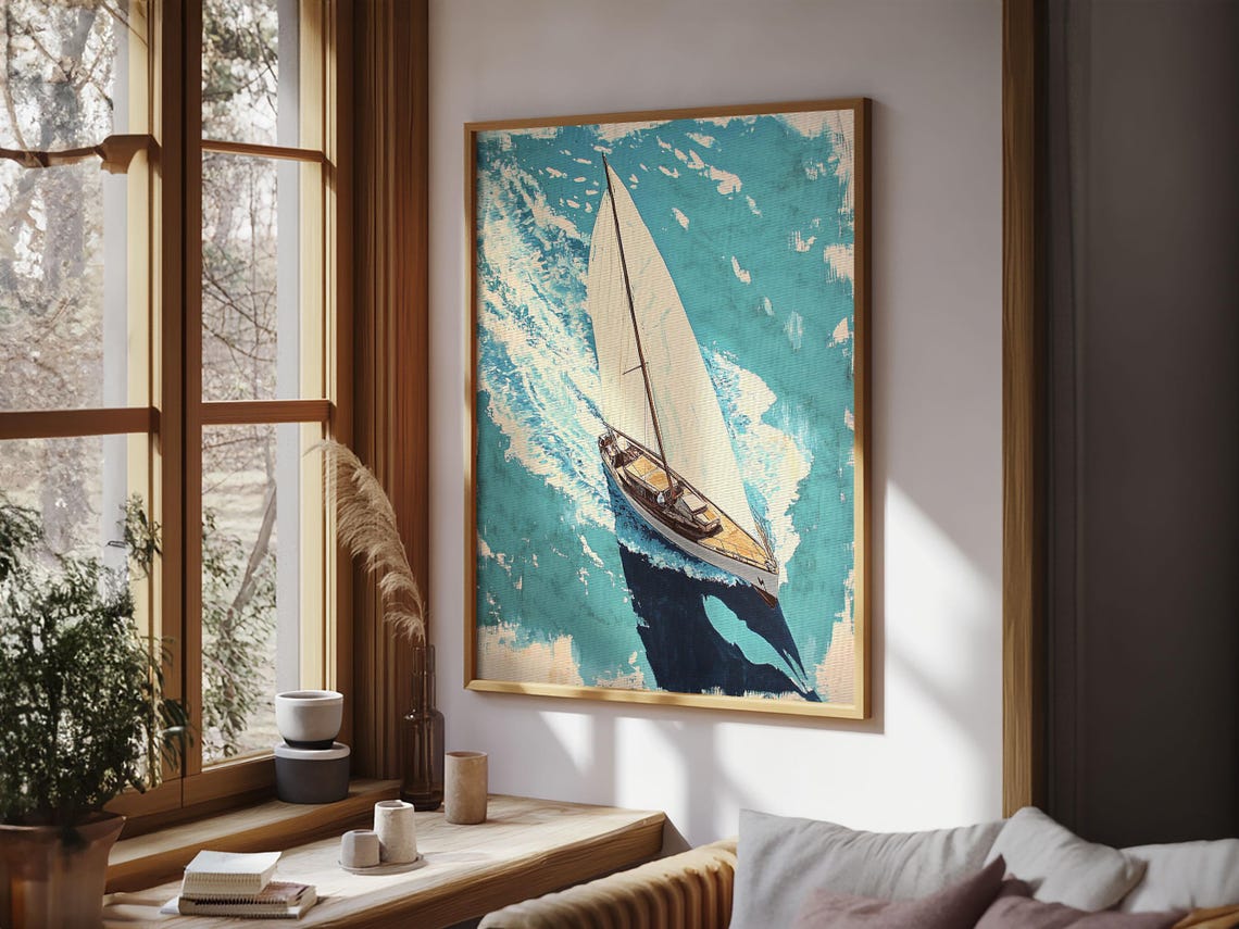 Sailboat Aerial View Turquoise Ocean Watercolor Nautical Art Print - Image 4
