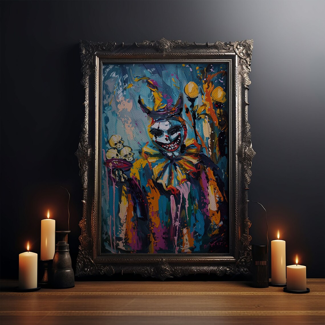 Grinning Horror Clown Skulls Abstract Neon Color Horror Art Poster - Image 3