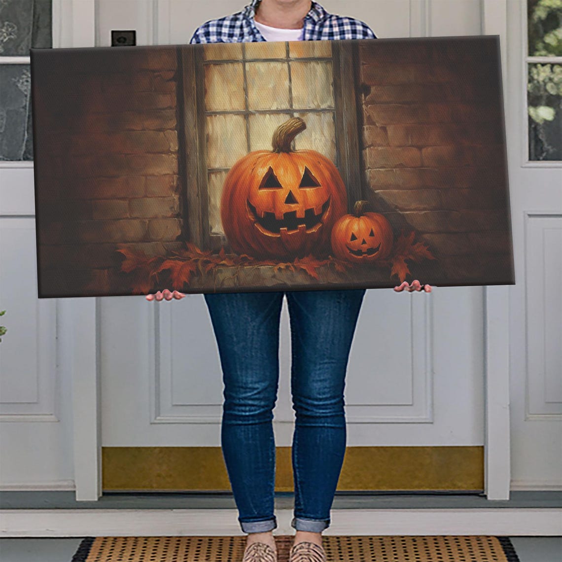 Jack O Lantern Pumpkins Windowsill Autumn Leaves Halloween Art Poster - Image 4