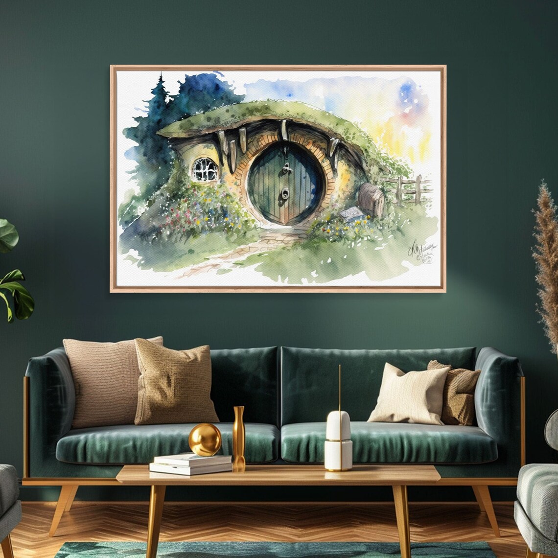 Round Door Hobbit Style Burrow House Watercolor Fantasy Garden Print - Image 2