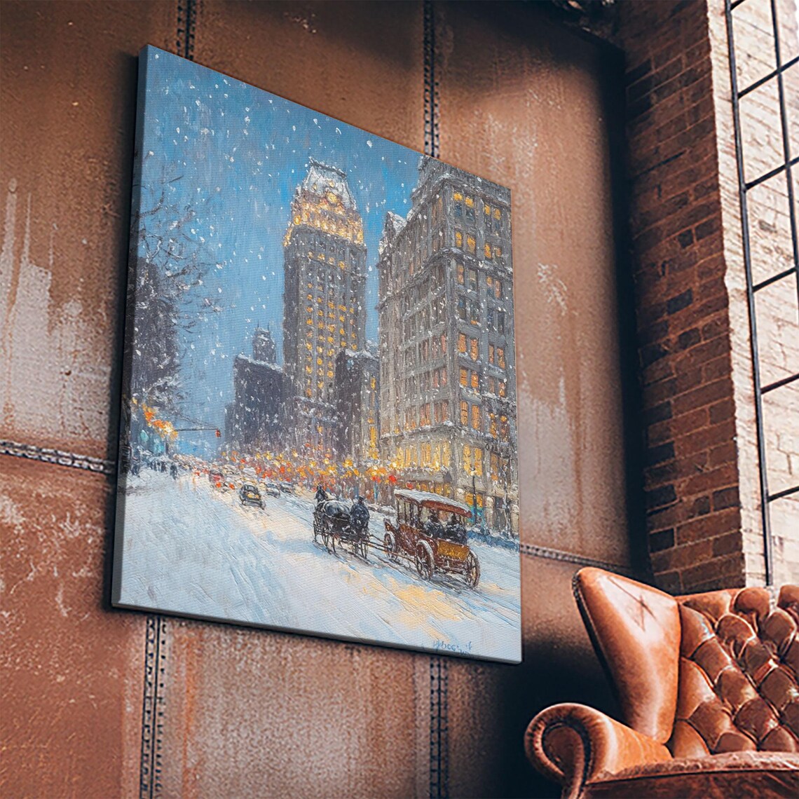 Snowy City Avenue Night With Horse Carriages In Falling Snow Poster