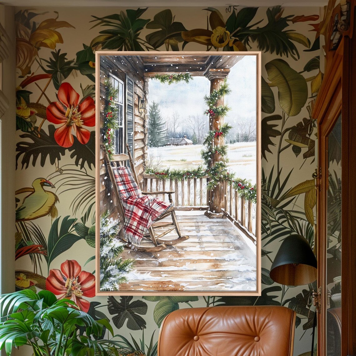 Snowy Farmhouse Porch Rocking Chair Christmas Garland Poster
