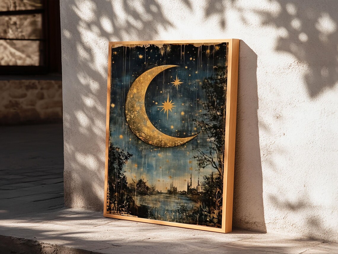 Crescent Moon Starry Night Folk Art Boho Eclectic Poster - Image 3