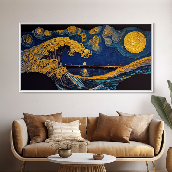 The Wave Abstract Art Framed Print Wood Framed Wall Art Gift Van Gogh Style Art Full Moon