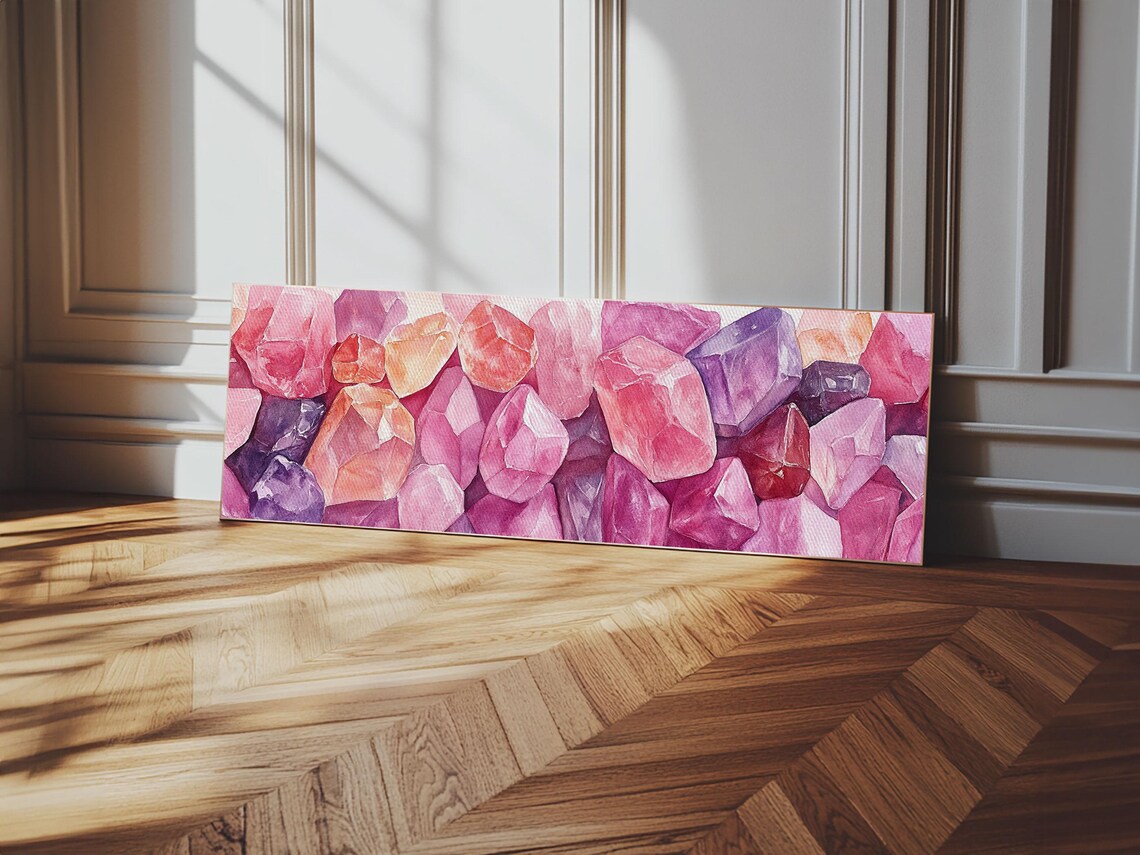 Pink Crystal Gemstones Watercolor Painting Wide Panoramic Canvas Art Poster - Image 5
