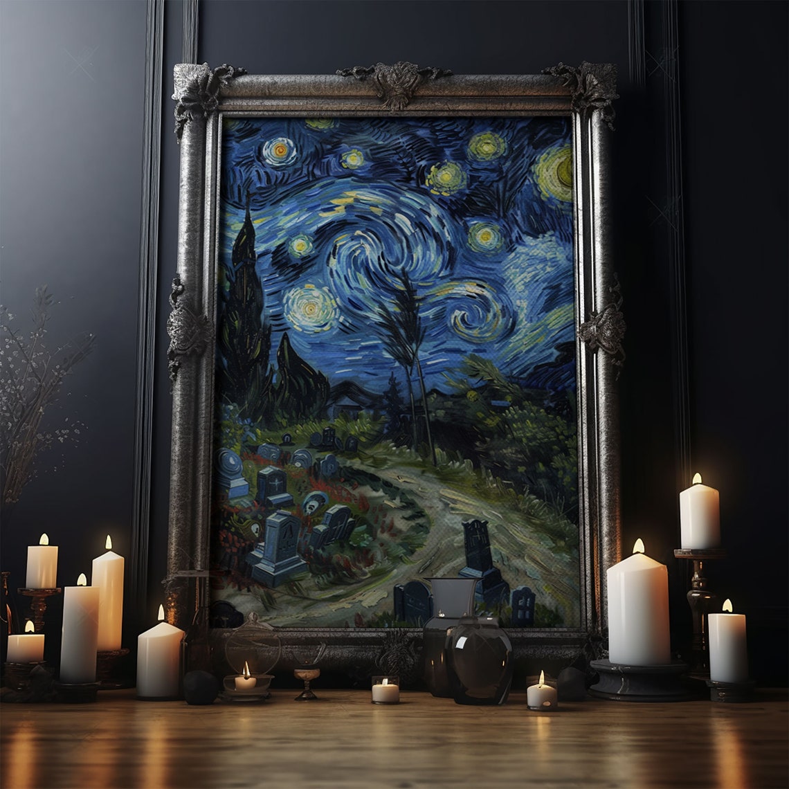 Starry Night Haunted Cemetery Graveyard Spooky Halloween Art Poster - Image 3