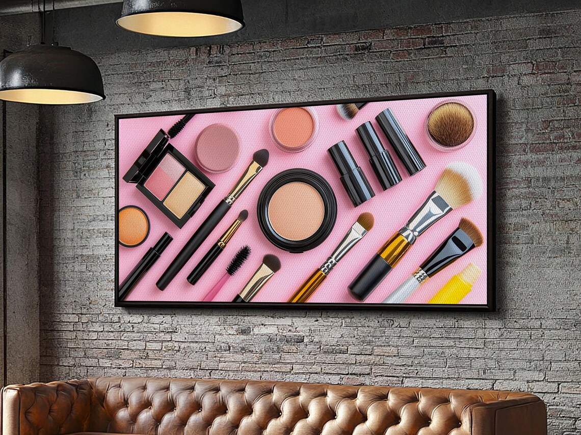 Makeup Brushes Cosmetics Flat Lay Pink Background Preppy Beauty Wall Art - Image 2