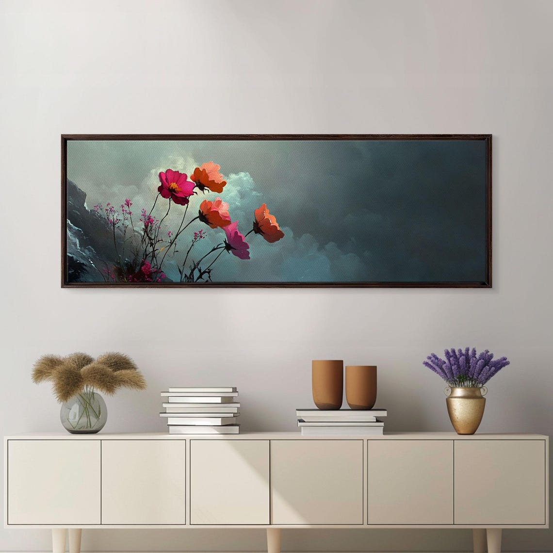 Moody Wildflower Meadow Under Dark Stormy Sky Clouds Panoramic Poster - Image 6