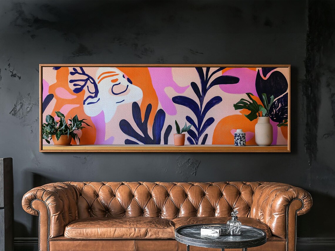 Playful Botanical Abstract Face Panoramic Pink Orange Modern Art Poster - Image 2