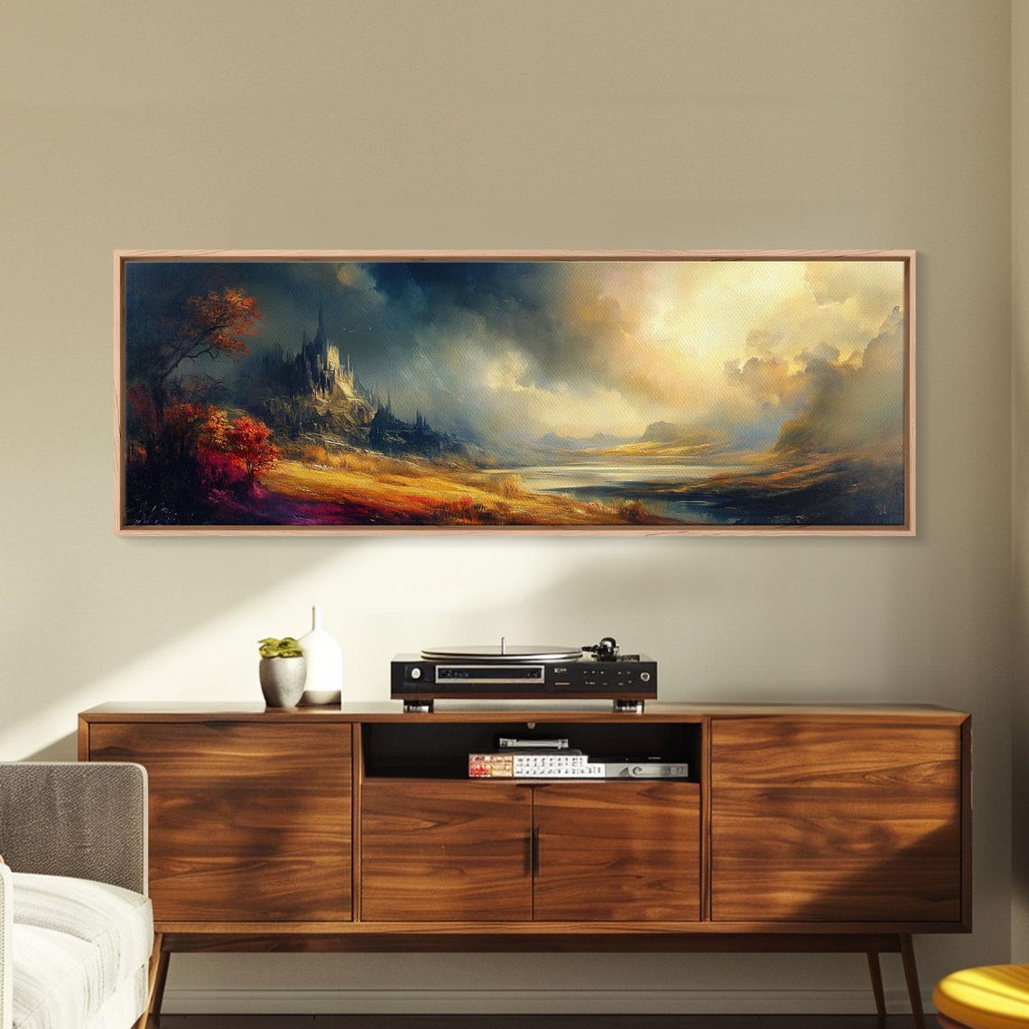 Dark Fantasy Castle On Cliff Golden Storm Clouds Valley Poster