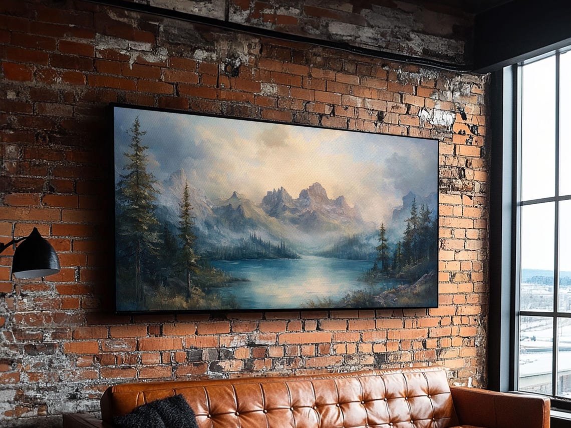 Foggy Mountain Lake Misty Pines Blue Panoramic Landscape Poster - Image 3