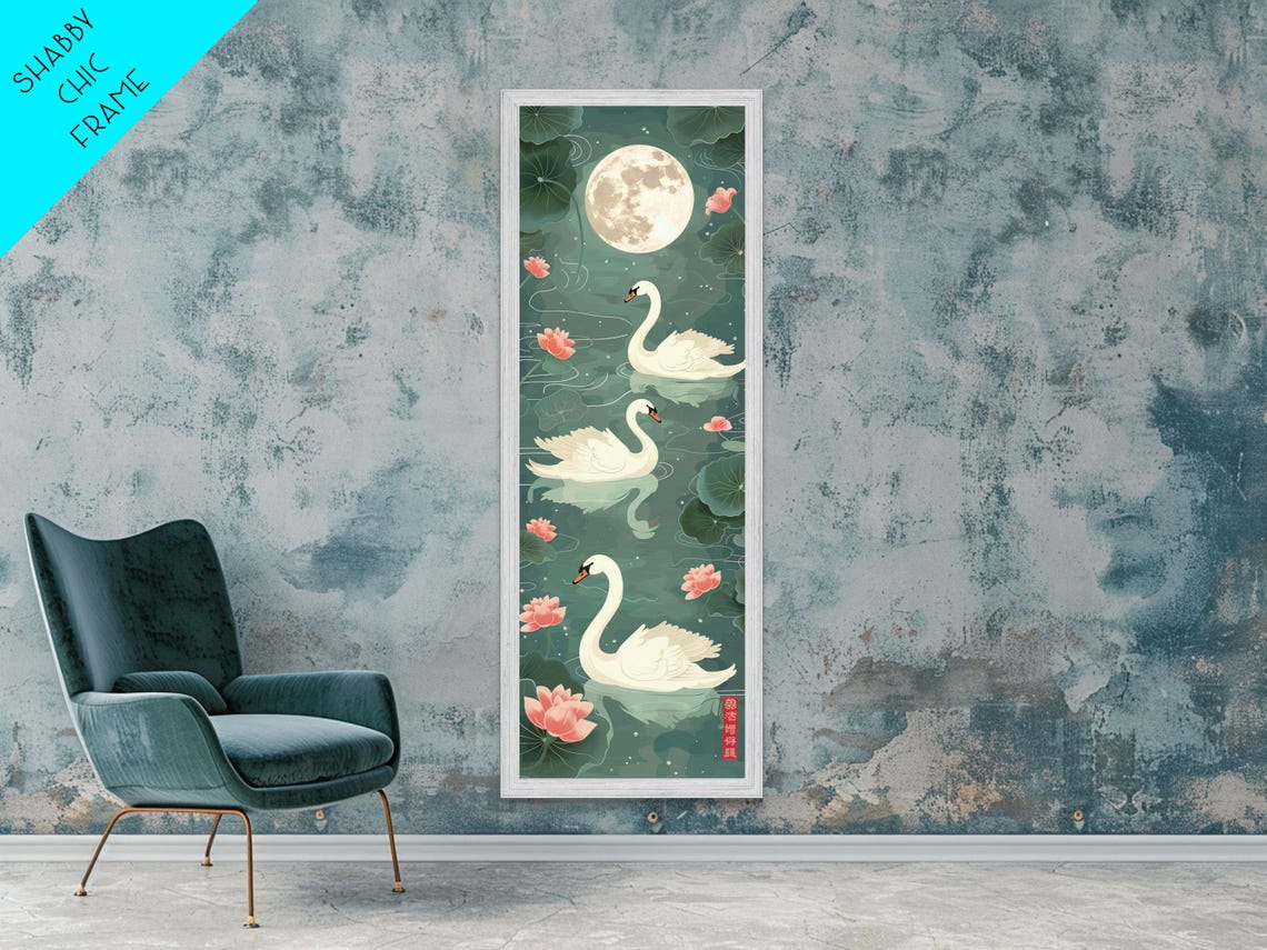 Three White Swans Full Moon Lotus Pond Night Japanese Poster - Image 3