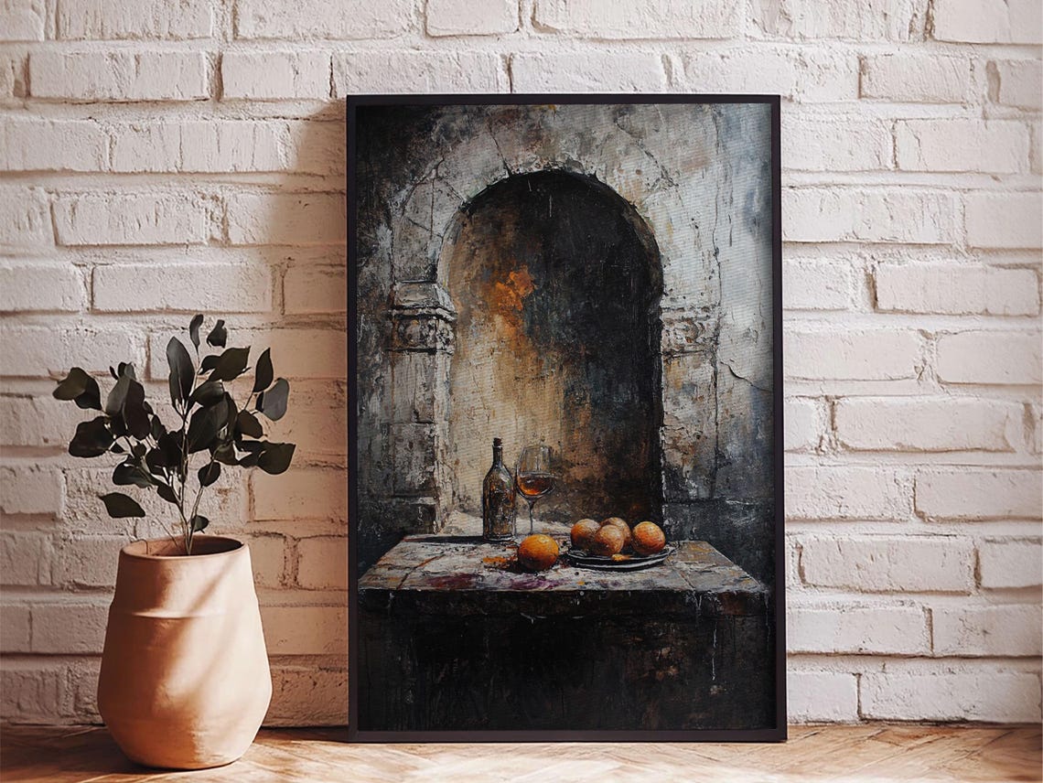Dark Rustic Still Life Wine And Fruit Stone Arch Wall Art Print - Image 3