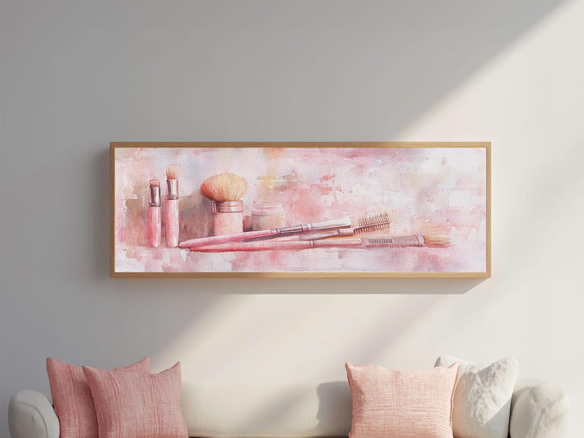 Pink Watercolor Makeup Brushes Vanity Set Horizontal Wall Art Poster - Image 2