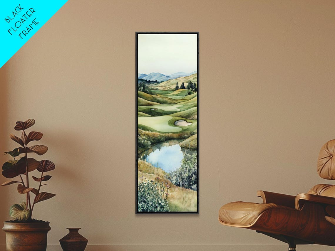 Watercolor Golf Course Rolling Fairways Pond Mountain View Wall Poster - Image 4