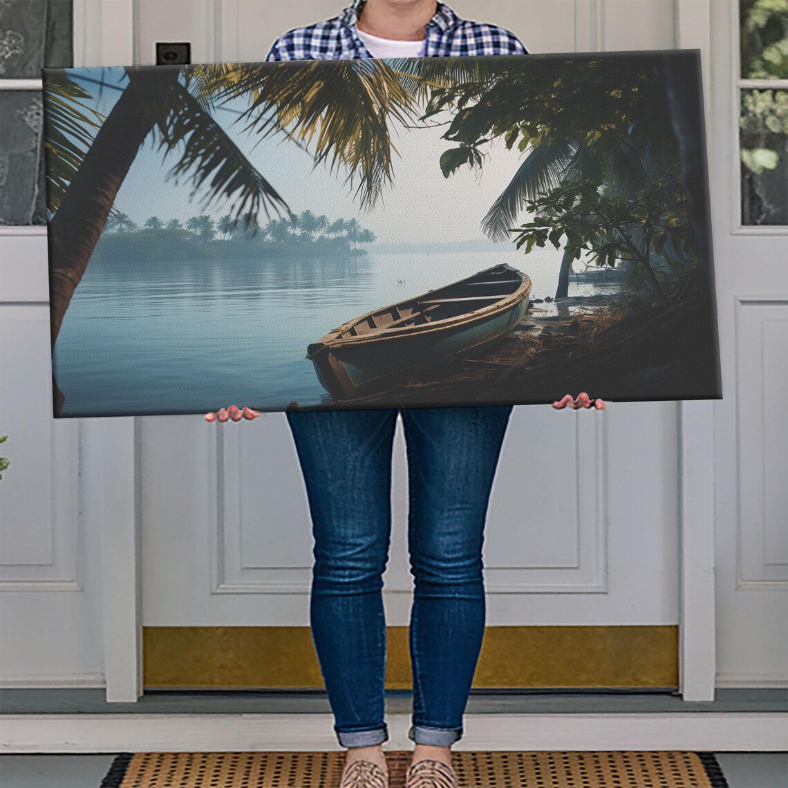 Old Wooden Canoe Misty Tropical Lake Shore Dawn Serene Travel Poster