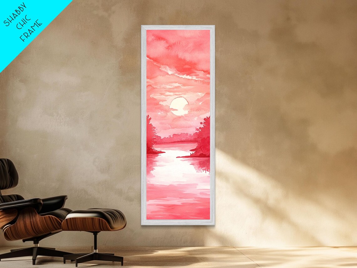Pink Sunset Lake Watercolor Landscape Painting Vertical Wall Art - Image 4