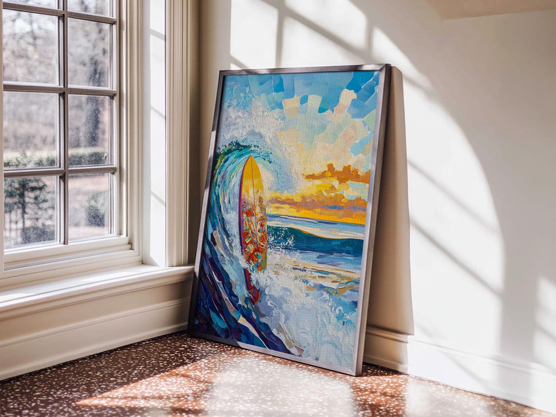 Surfboard Sunset Wave Impasto Bold Ocean Coastal Surf Art Wall Poster